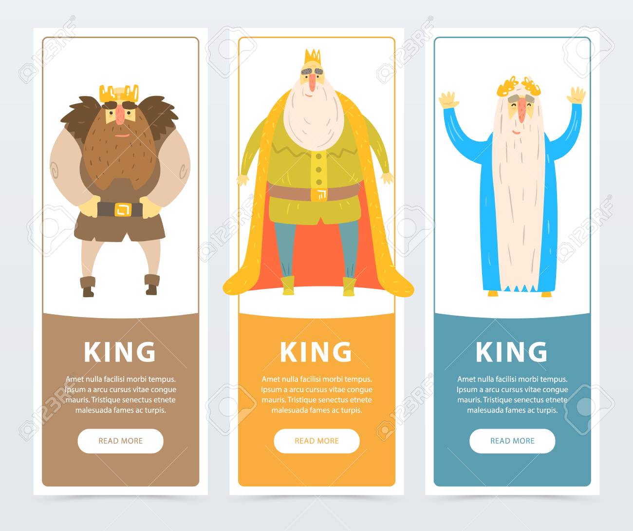 ひげを生やした王の黄金の冠のカラフルな垂直バナー 王国の支配者 コミックのフラット文字 ベクトル イラスト テキスト ウェブサイト モバイル アプリ ポスターやカードのデザイン のイラスト素材 ベクタ Image