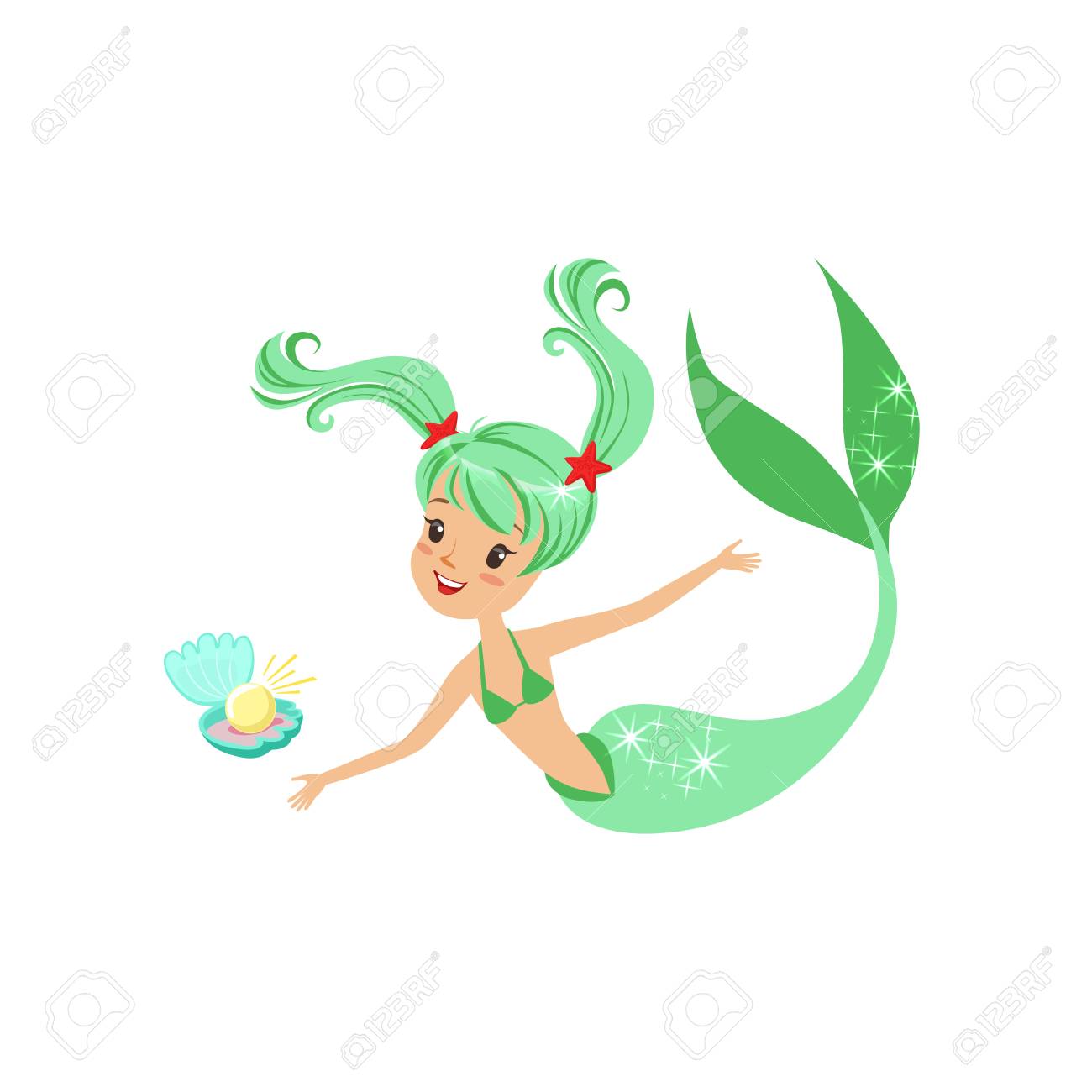 緑色の髪の人魚の女の子とパールとシェルのイラスト 漫画の魚の尾を持つ神秘的な海洋生物 海と海の生命概念 フラット ベクター デザイン のイラスト素材 ベクタ Image