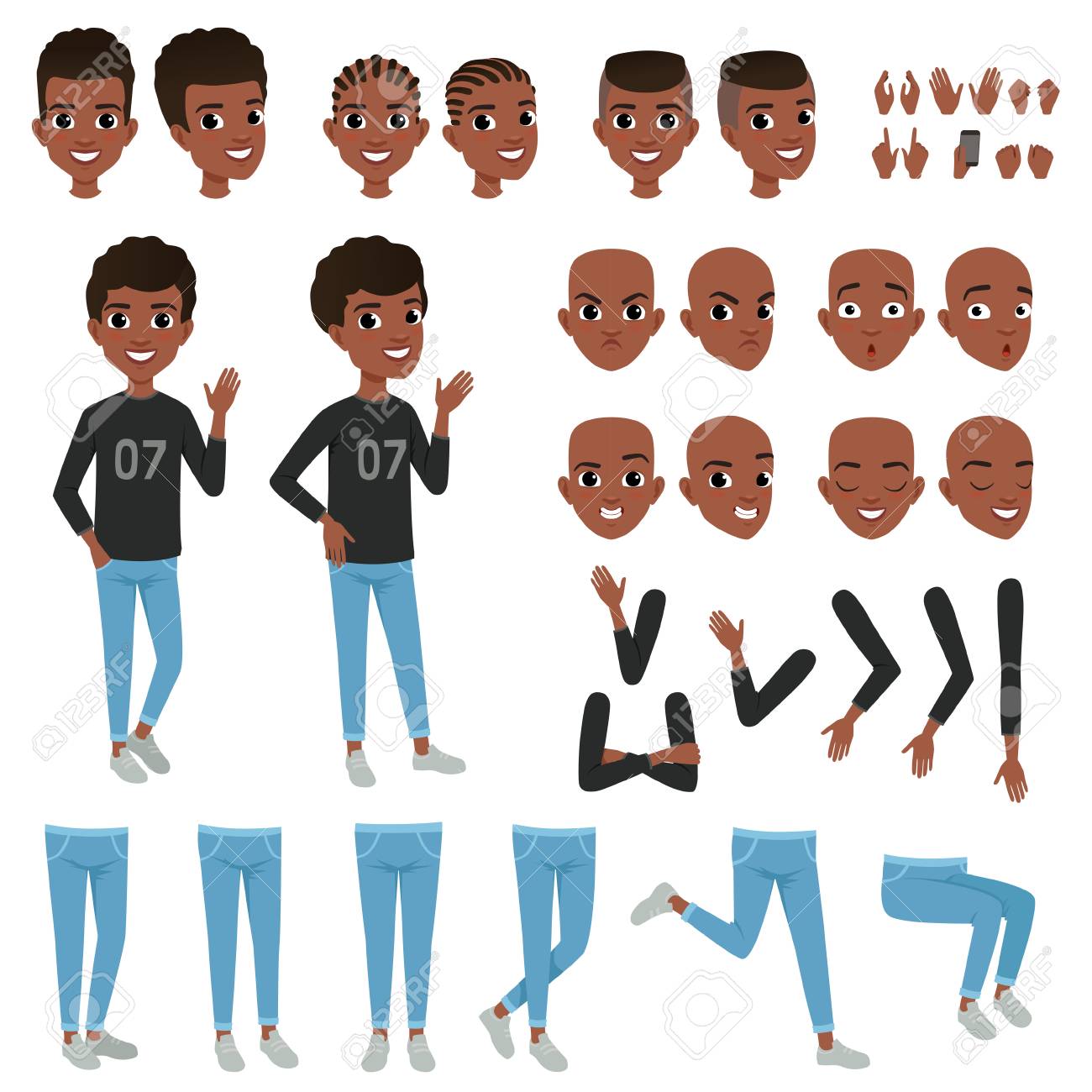 Teenager character constructor. Black boy s separate parts of body arms, legs, heads with different haircuts, hands gestures. Angry, calm, surprised and confident face expression. Flat vector design - 91046033 Teenager character constructor. Black boy s separate parts of body arms, legs, heads with different haircuts, hands gestures. Angry, calm, surprised and confident face expression. Flat vector design - 91046033