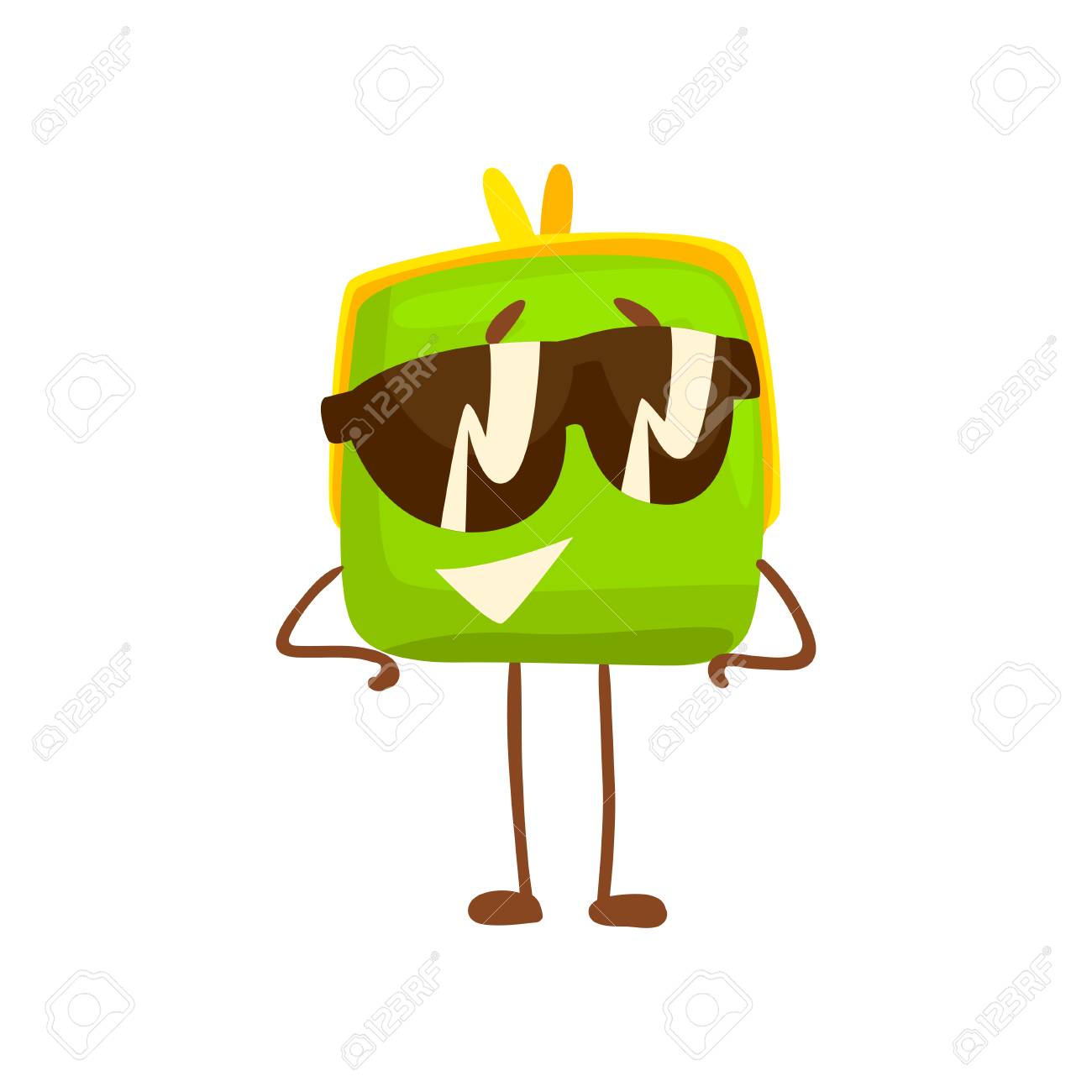 サングラスをかけた可愛い財布キャラ おかしな緑色の人間化ポーチ漫画ベクトルイラスト