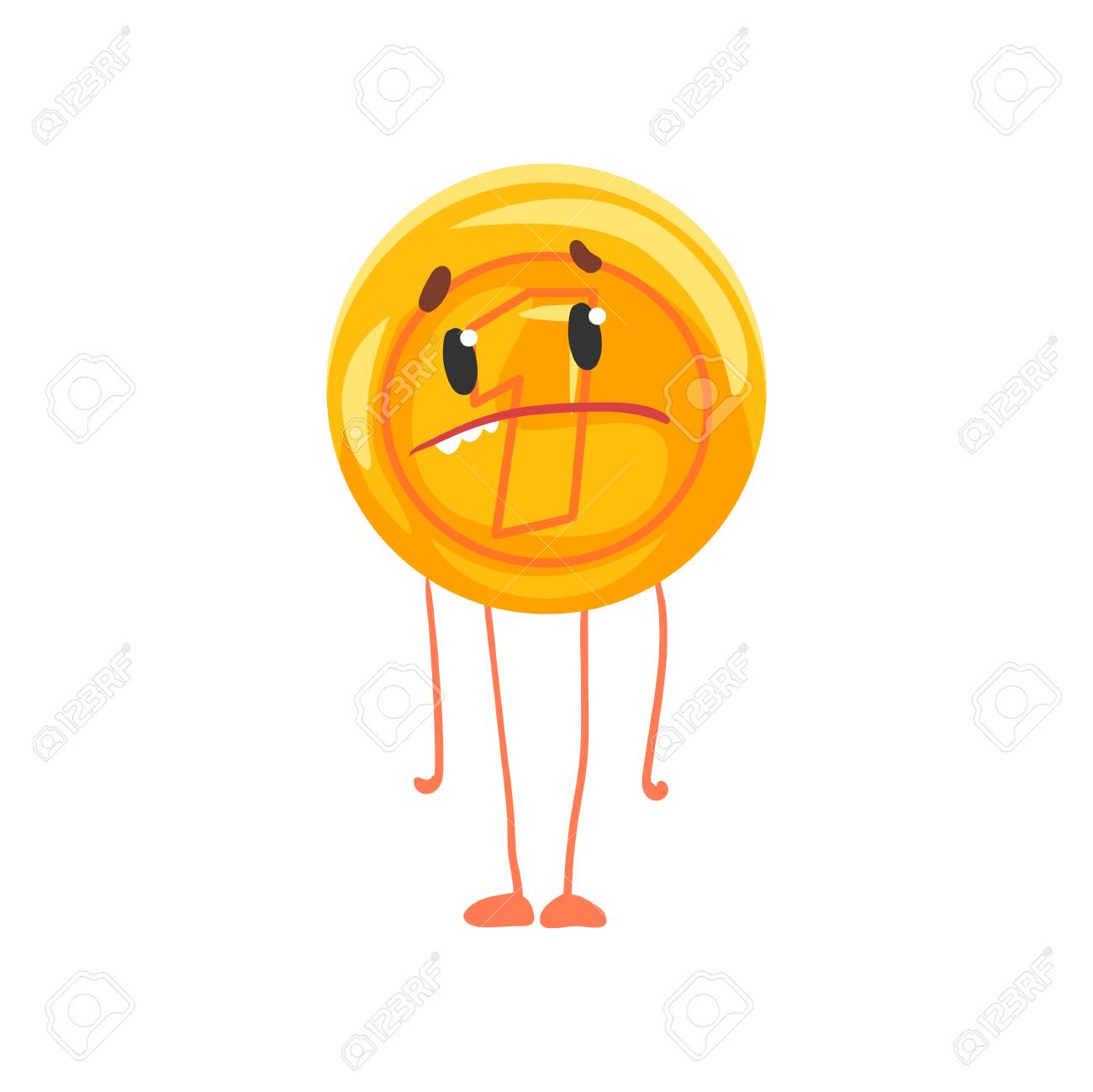 슬픈 얼굴, 다리와 팔 황금 동전 캐릭터. 빛나는 페니 아이콘. 통화 단위. 평면 스타일의 만화 돈입니다. 격리 된 벡터 일러스트 레이  션 로열티 무료 사진, 그림, 이미지 그리고 스톡포토그래피. Image 91339073
