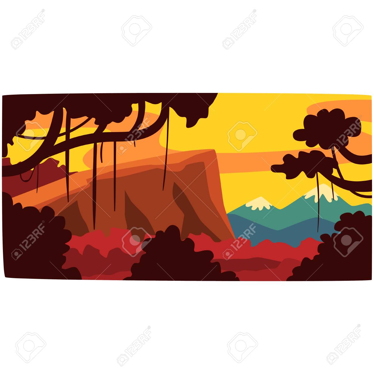 熱帯のジャングル 葉 茂みや木 夜の熱帯雨林の風景ベクトル図のグリーンウッド背景の夕日 のイラスト素材 ベクタ Image