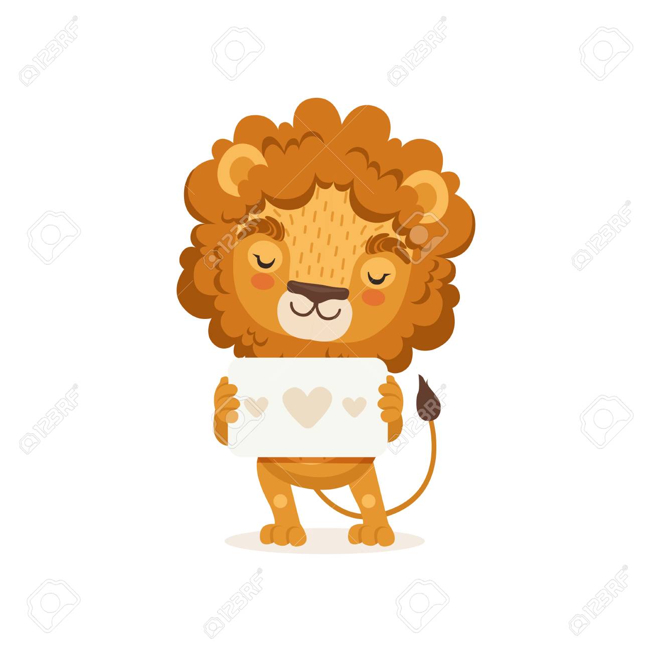 Illustration Of Lion Cartoon Character Standing And Holding Poster With Hearts African Animal With Lush Mane