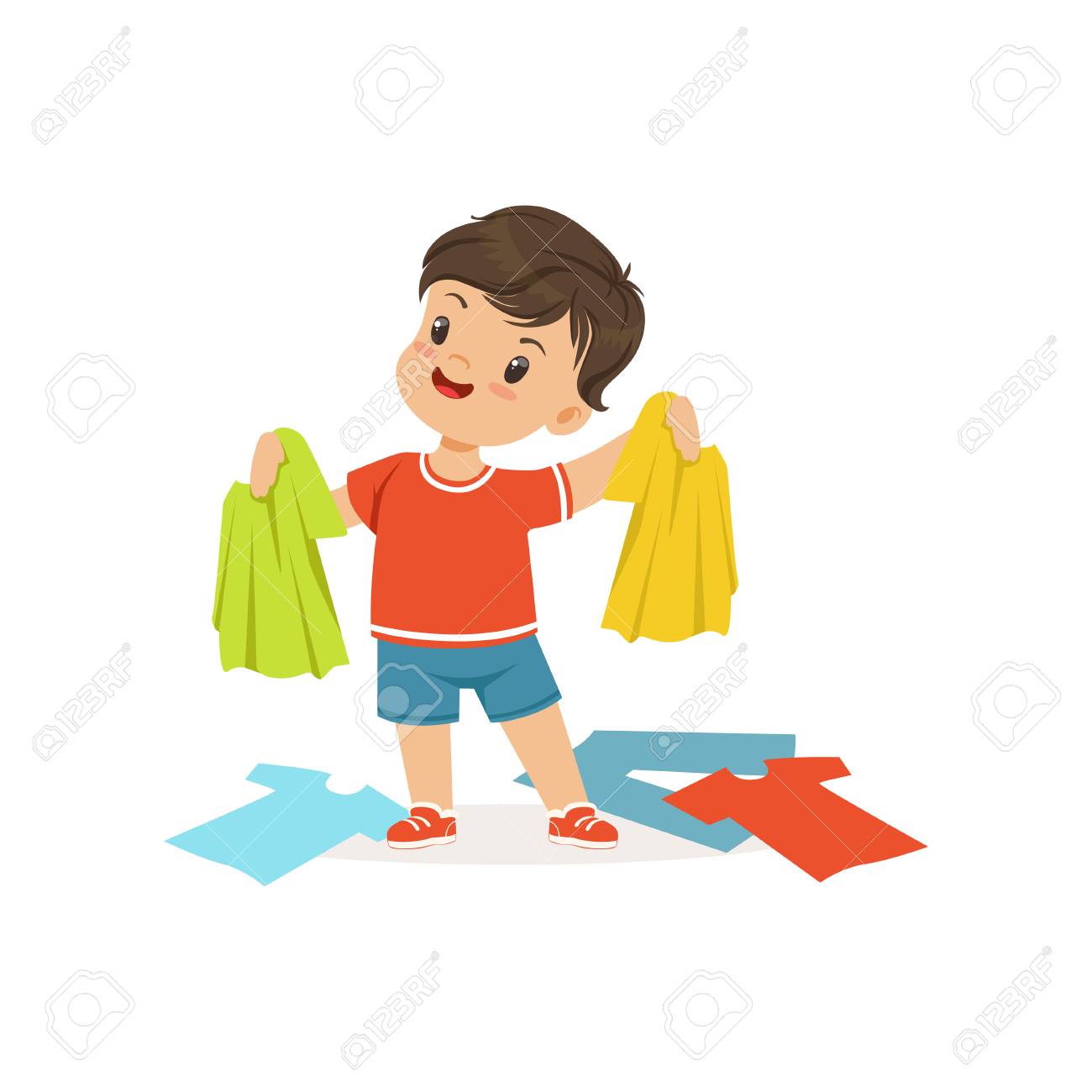 散らばった服の間に立つかわいいいじめっ子 フードラム陽気な小さな子供 悪い子供の行動ベクトルイラストのイラスト素材 ベクタ Image