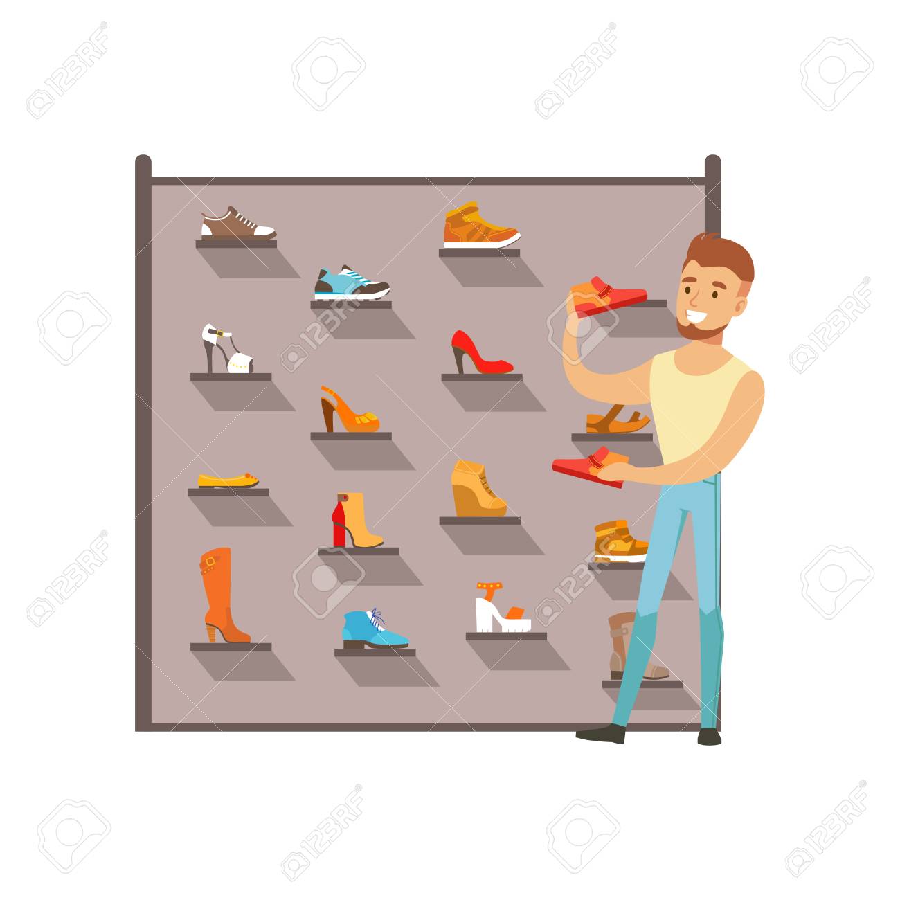 靴屋で靴を買う男モールで男性の買い物 カラフルなベクトルイラスト 白い背景に隔離されています のイラスト素材 ベクタ Image