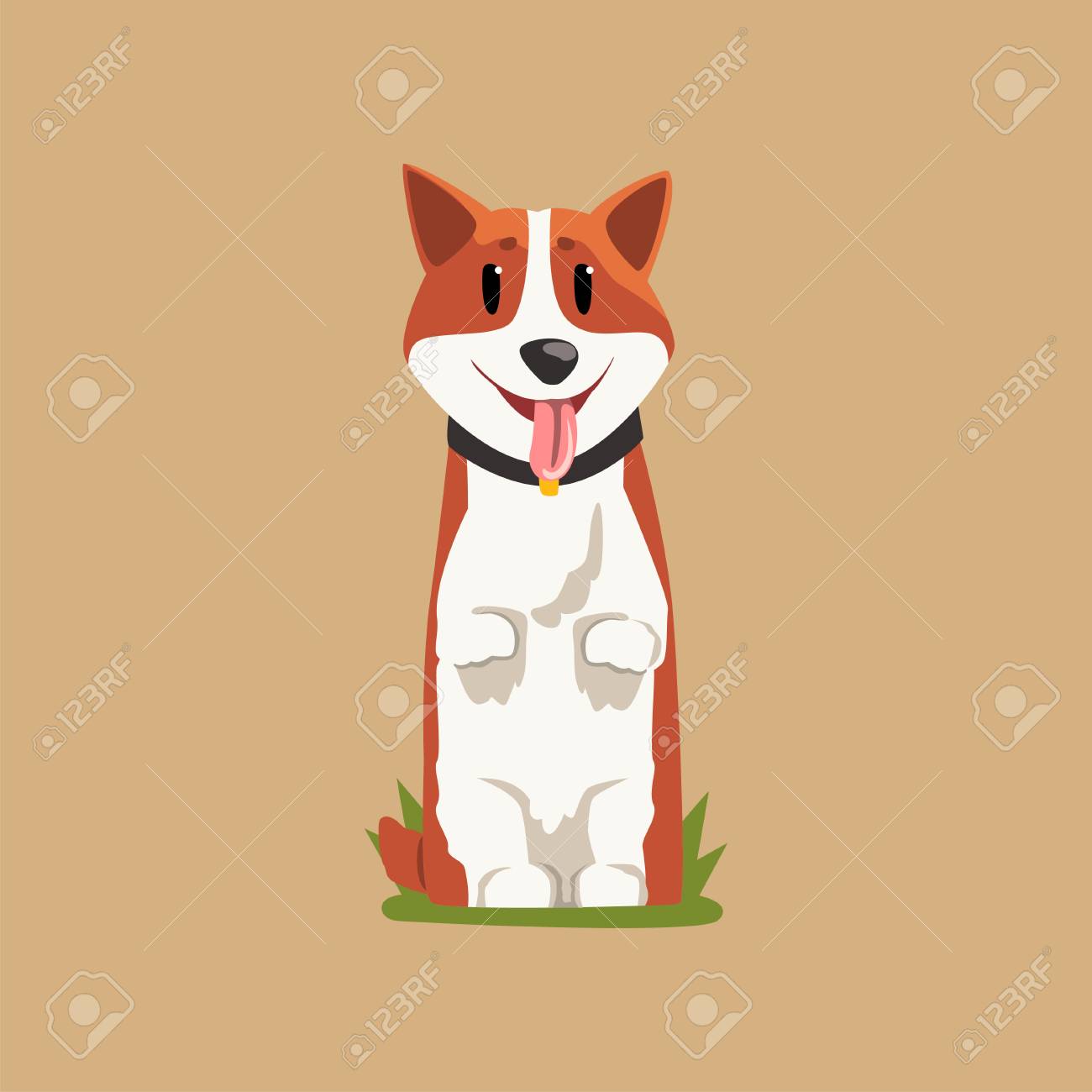 後ろ足に立つ喜びに満ちた赤毛のコーギー 舌がぶら下がっている子犬 黒い襟を持つ漫画の家畜キャラクター 人間の親友だフラットベクトル設計のイラスト素材 ベクタ Image
