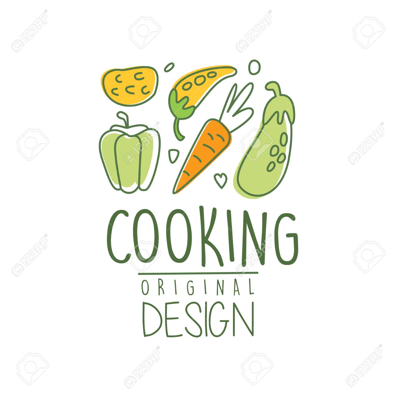 新鮮な野菜を使った手描きの料理ロゴデザイン。オーガニックフードカフェ。ニンジン、コショウ、ナスと料理ラインラベル。白にベクターイラスト。 のイラスト素材・ベクタ - . Image 93968387.