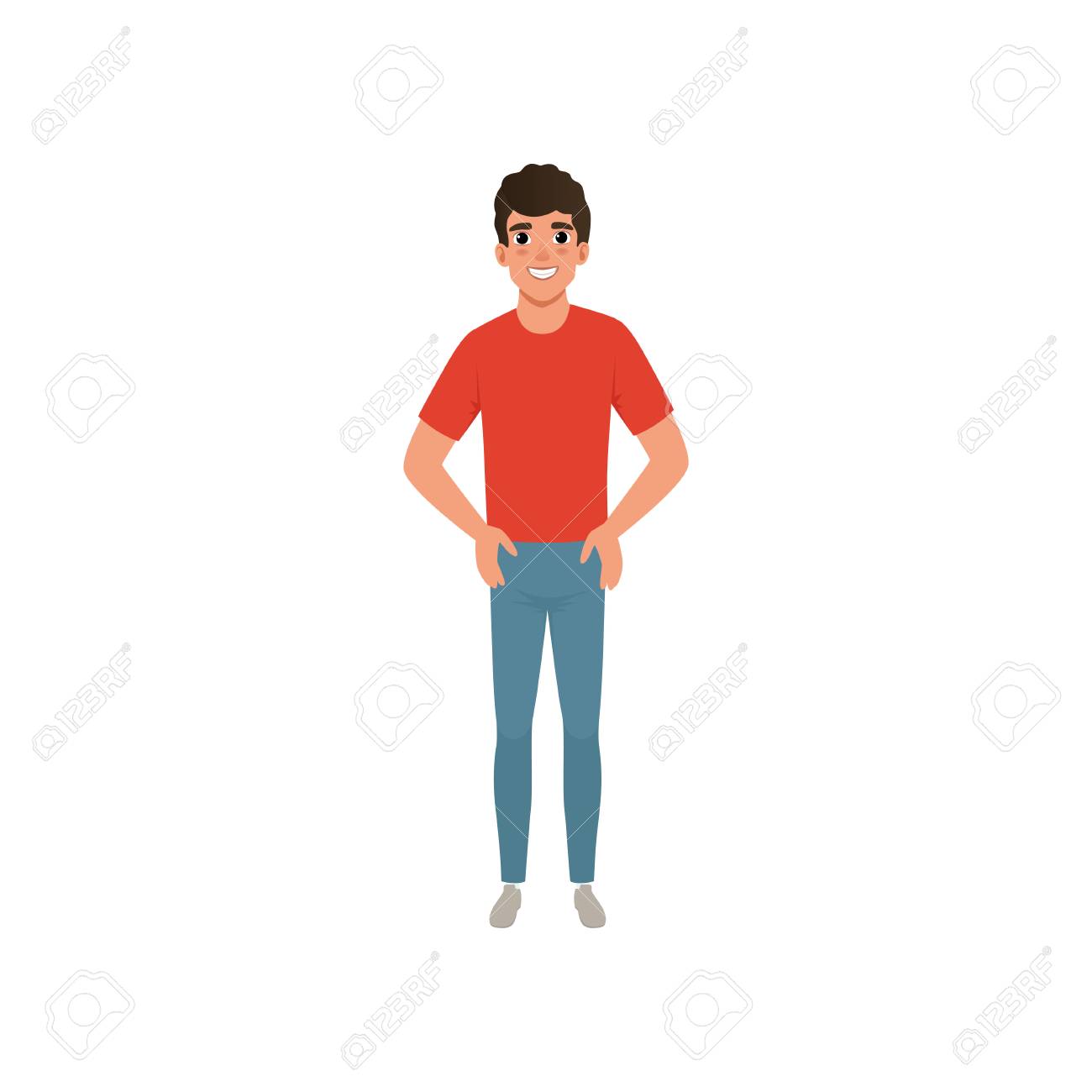 赤いtシャツと青いジーンズを着た若い白人男性 笑顔の表情で腕を抱えたアニメの男性キャラクターがアキンボに立っています 絶縁フラットベクトル設計 の イラスト素材 ベクタ Image