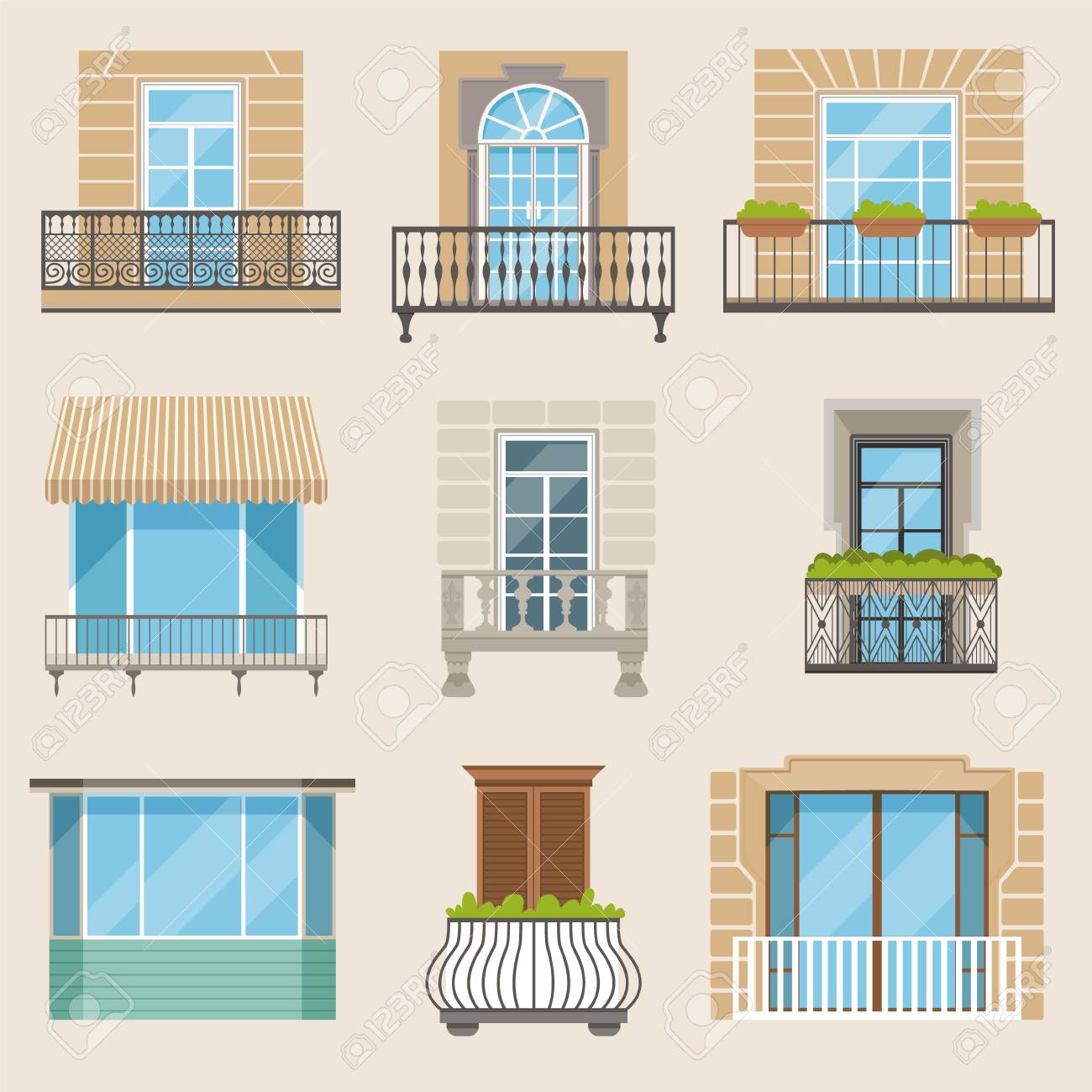 カラフルな美しいバルコニーのセット ヴィンテージ モダンで装飾的な鍛造バルコニー フラットベクトルイラスト 建築外装建築設計要素 のイラスト素材 ベクタ Image