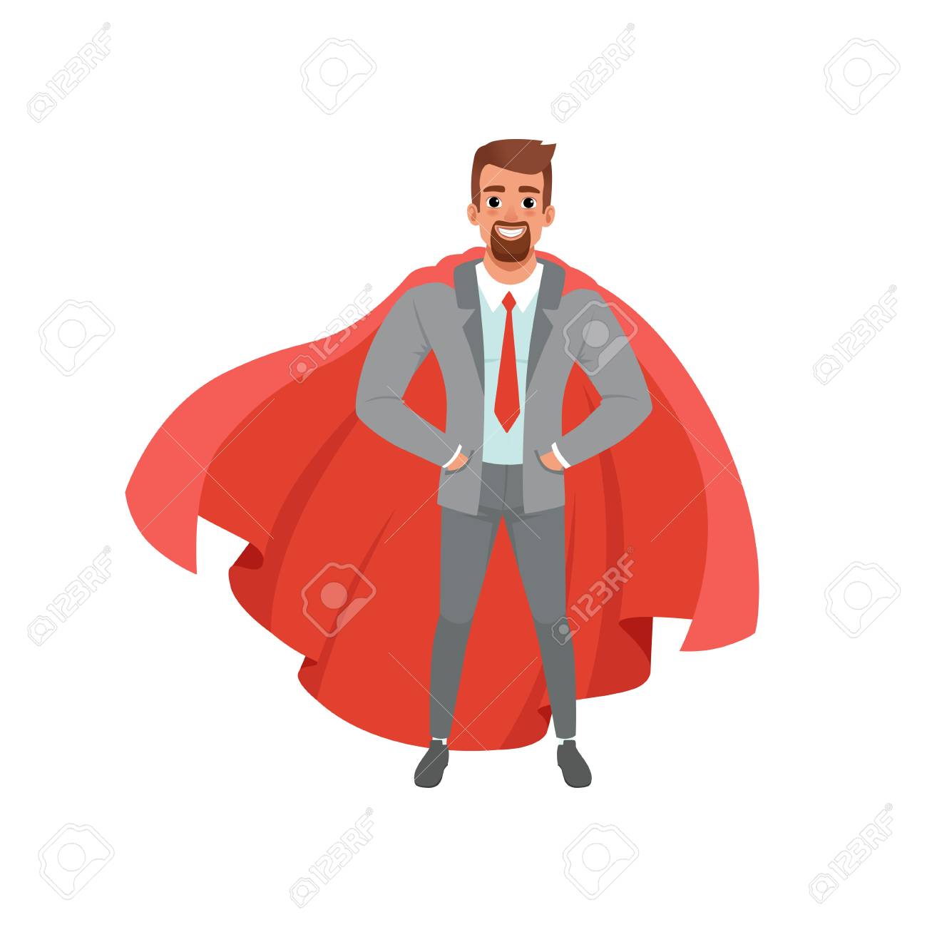 Homem De Negocio Farpado No Terno Cinzento A Moda Na Camisa No Laco Vermelho E No Manto Do Super Heroi Personagem Masculino Dos Desenhos Animados De Pe Com As Maos Nos Bolsos Conceito