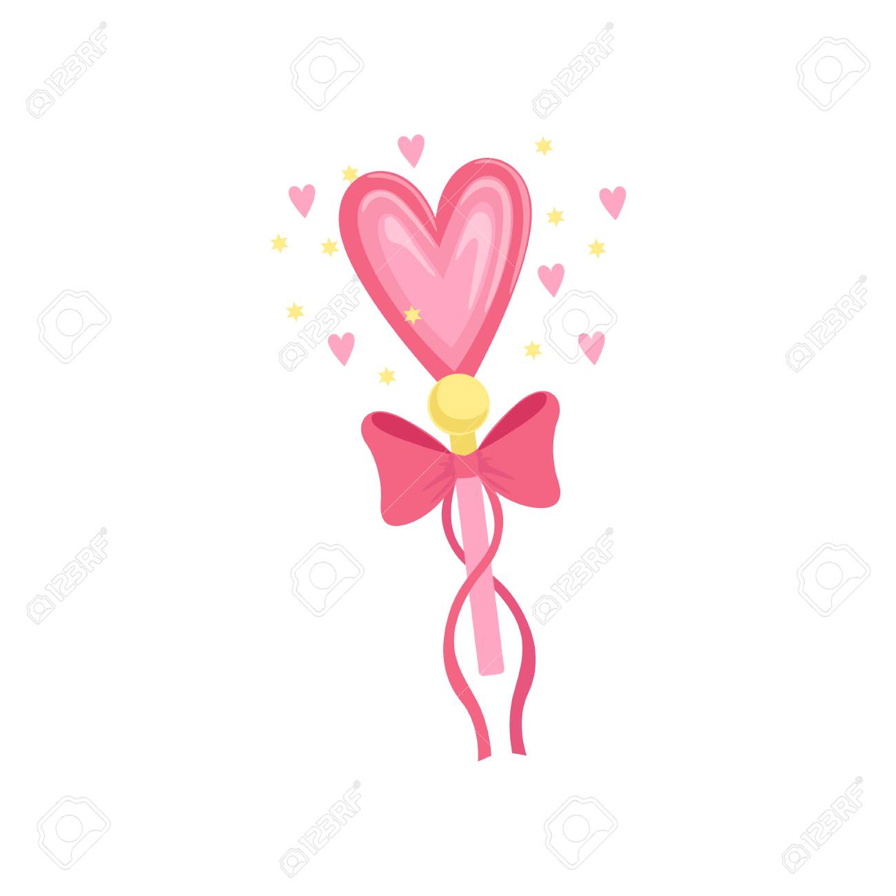 Illustration De Dessin Anime De Baguette De Fee Magnifique Avec Coeur Rose Et Arc Avec Des Rubans Tenez Vous Avec Le Pouvoir Magique Qui Repand L Amour Conception De Vecteur Plat Colore Clip Art