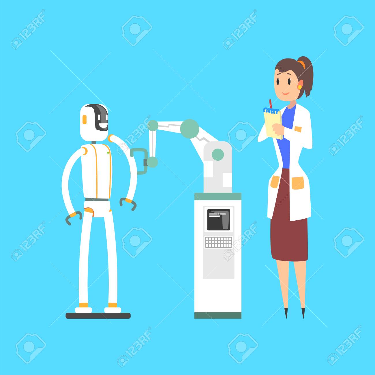水色の背景にラボベクトルイラストで機械的な腕とロボットで作業する女性科学者漫画のキャラクターのイラスト素材 ベクタ Image