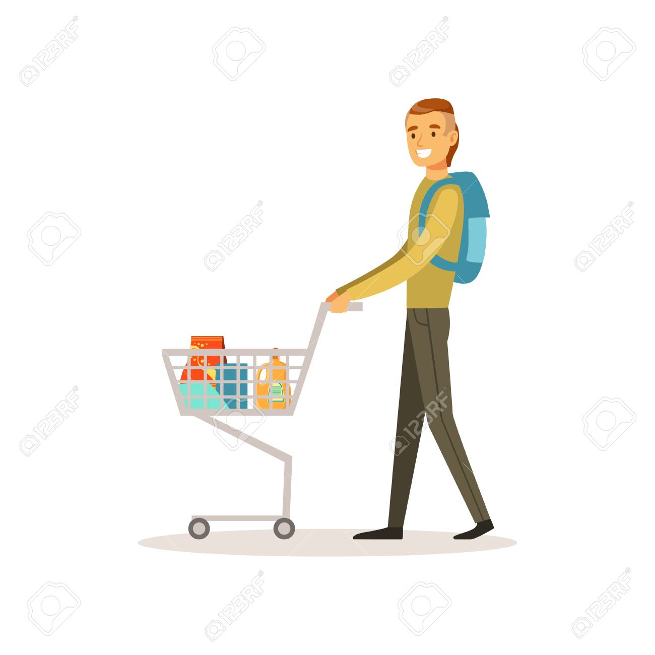買い物カドを押す笑顔の男 食料品店 スーパーや小売店で男性の買い物 カラフルなキャラクターベクトルイラスト のイラスト素材 ベクタ Image