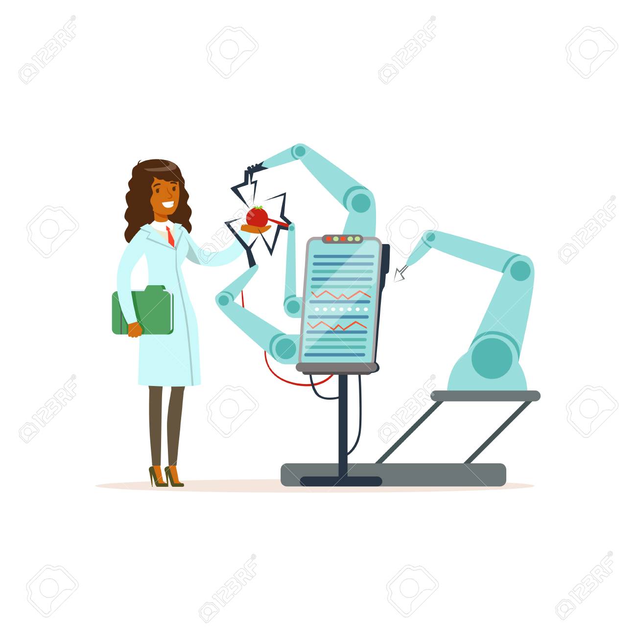 現代の実験室で実験を行う女性科学者とロボットアーム ロボットアームテストトマト 人工知能コンセプトベクトルイラストのイラスト素材 ベクタ Image