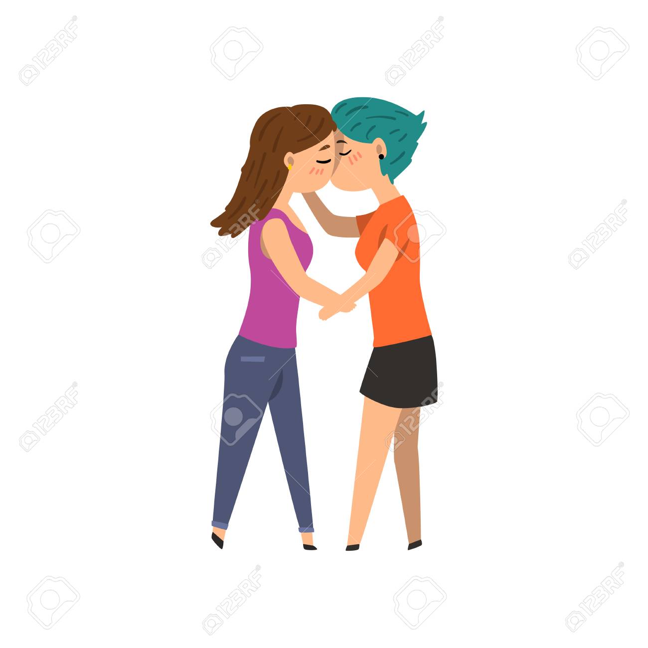 抱きしめてキスするゲイの女性のカップル 愛の漫画のベクトルイラストでlgbtの女の子 のイラスト素材 ベクタ Image