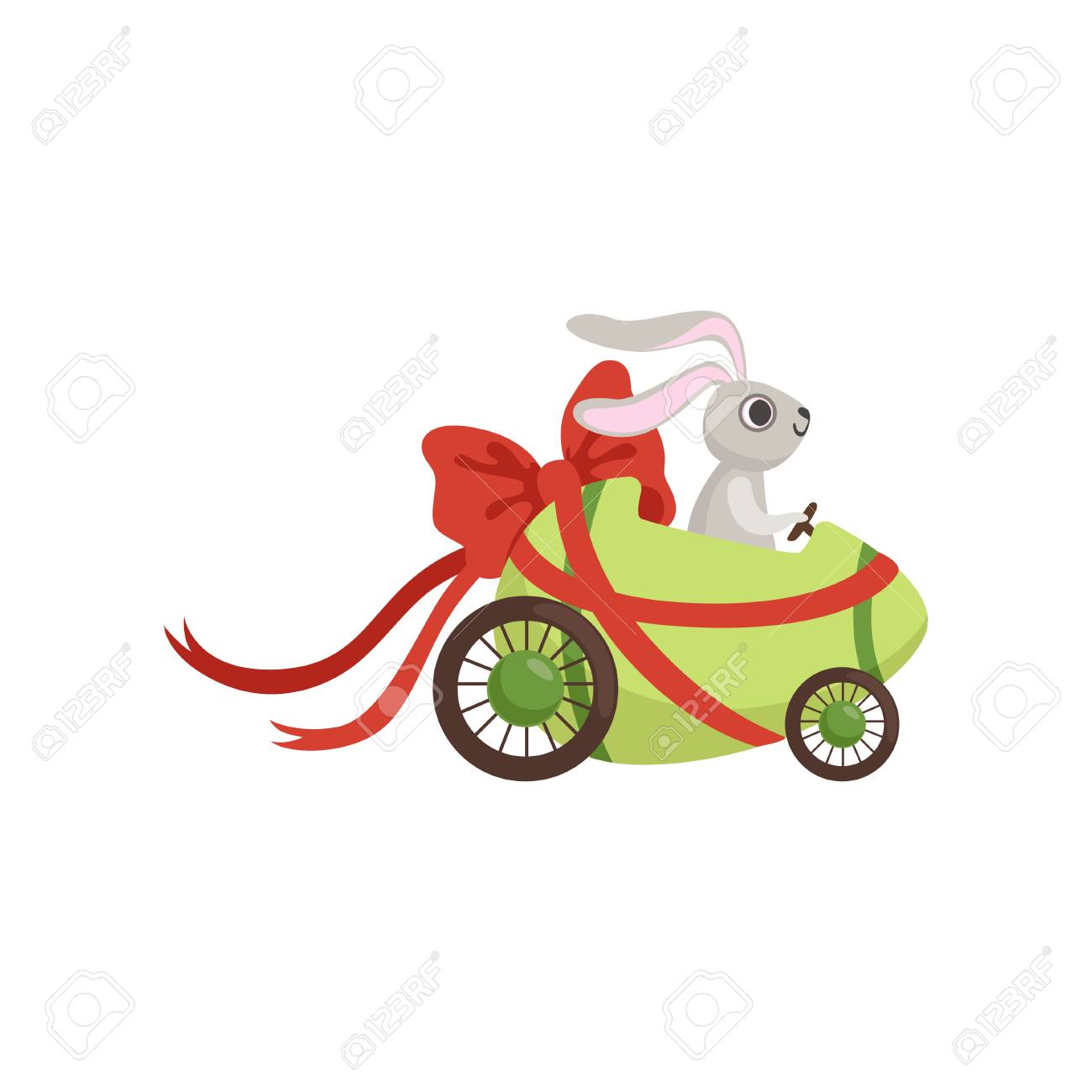 赤い弓で飾られたイースターグリーンの車の卵を駆動するかわいいバニー 面白いウサギのキャラクター ハッピーイースターコンセプト漫画のベクトルイラストのイラスト素材 ベクタ Image