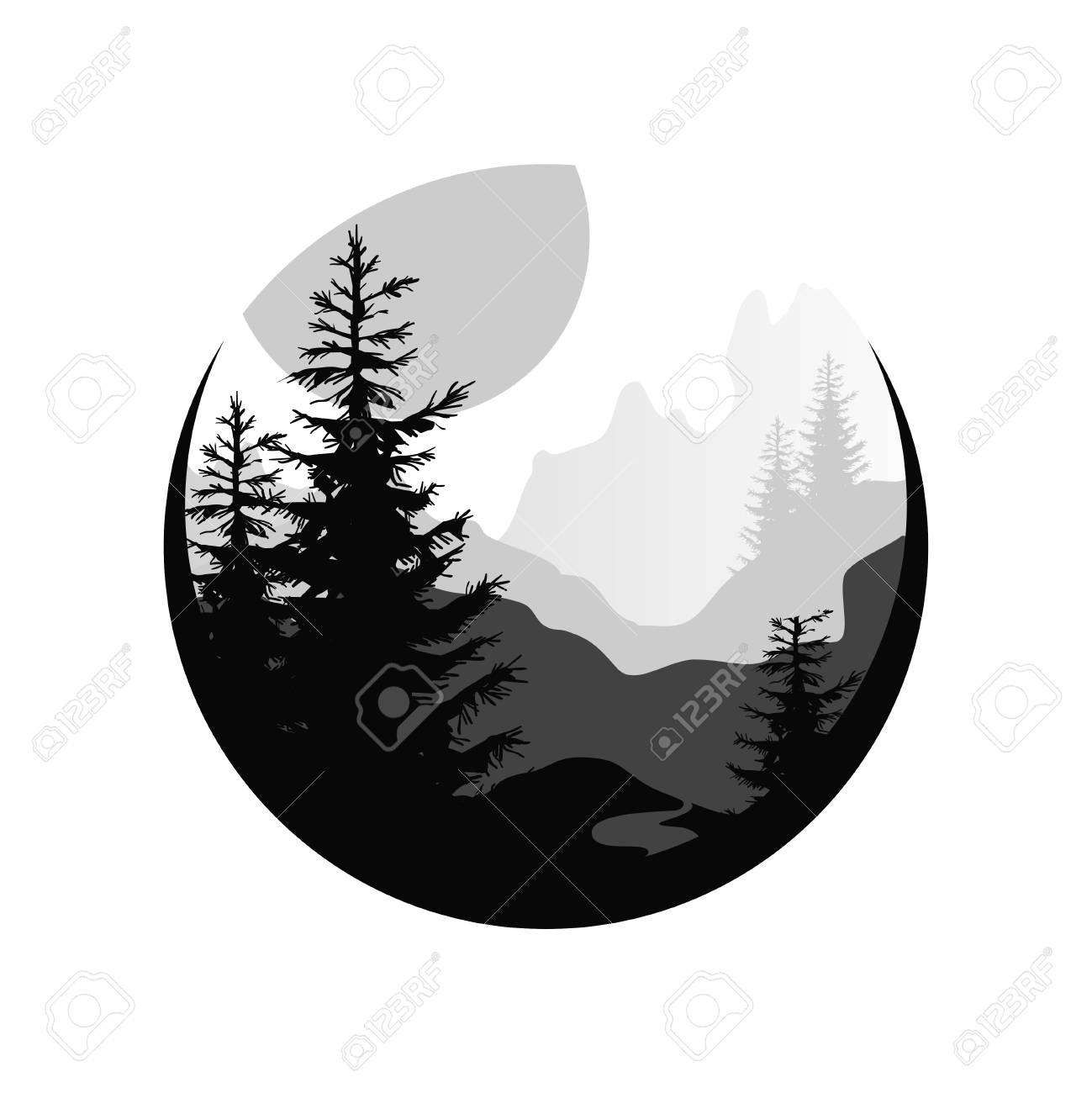 針葉樹のシルエット 大きな太陽の夕日 幾何学的な円形のデザインの自然なシーンアイコン 黒と白の色のベクトルイラストと美しい自然景観 のイラスト素材 ベクタ Image
