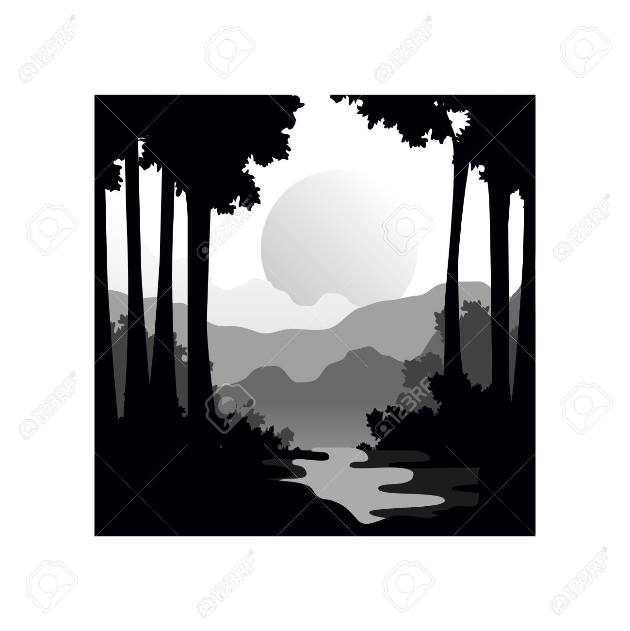 森の木のシルエット 大きな太陽の川と夕日 幾何学的な正方形のデザインの自然なシーンアイコン 黒と白の色のベクトルイラストと美しい自然の風景のイラスト素材 ベクタ Image 森の木のシルエット 大きな太陽の川と夕日 幾何学的な正方形のデザインの自然なシーンアイコン 黒と白の色のベクトルイラストと美しい自然の風景のイラスト素材 ベクタ Image