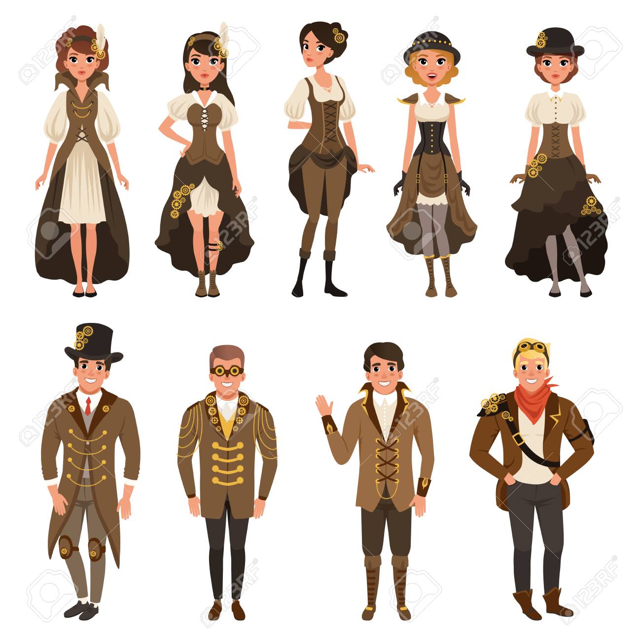 歴史的な服を着た人 茶色のファンタジー衣装を着た男女が白い背景にベクターイラストをセット のイラスト素材 ベクタ Image