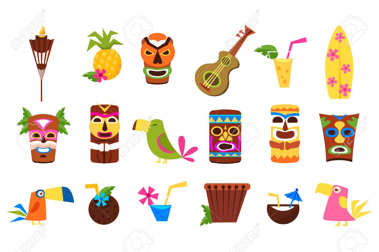 Symbols Of Hawaii Set, Tiki Tribal Masks, Tropical Cocktails, Fruits, Birds  And Musical Instruments Vector Illustrations On A White Background Royalty  Free SVG, Cliparts, Vectors, and Stock Illustration. Image 96079284., image size:1300x865