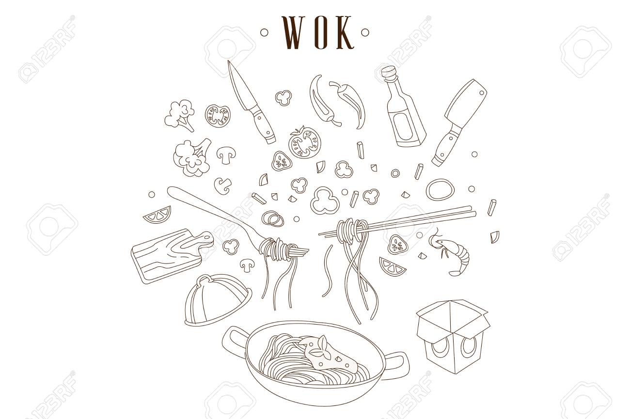フライパンの手描きベクターイラストと麺 中華料理 中華鍋 カット食材 キッチン用品 アジア料理 レストランやカフェのデザインのイラスト素材 ベクタ Image