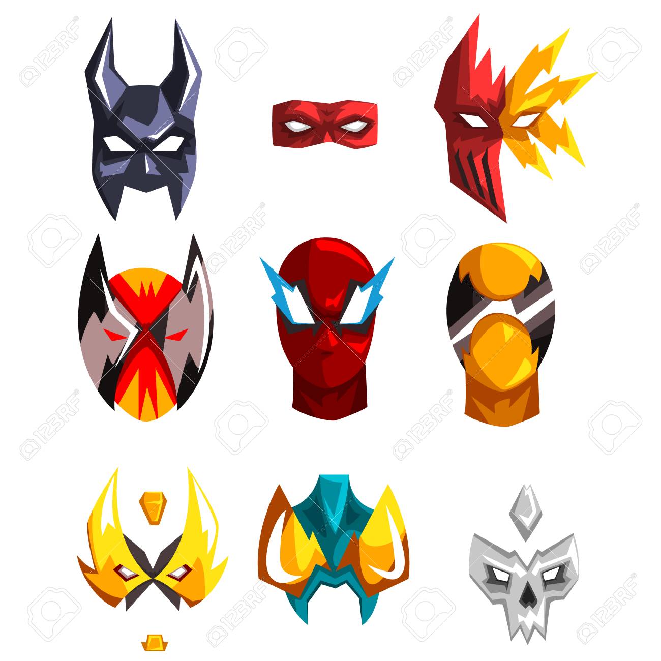 collection de masques colores differents super heros attribut vetements pour soiree costumee visages concevoir des accessoires photo ou une application mobile icones vectorielles plat dessin anime isoles sur coloriage clown