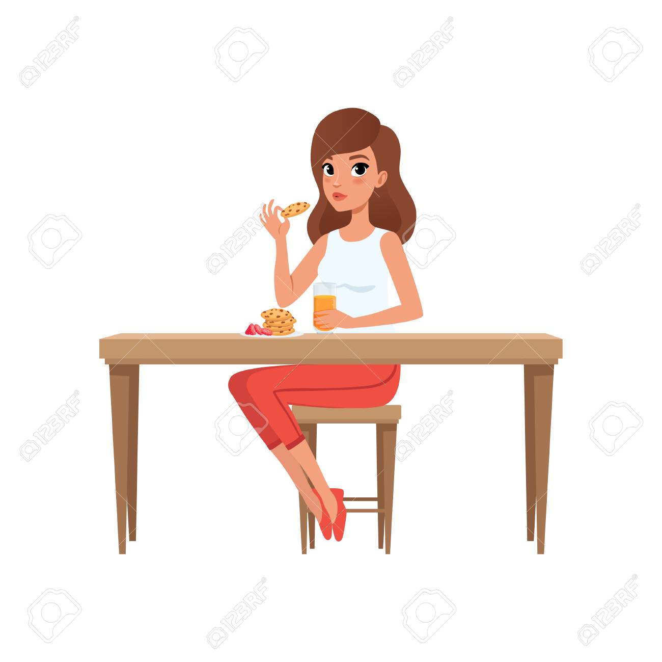 Young woman having breakfast, people activity, daily routine vector Illustration isolated on a white background. - 99640993 Young woman having breakfast, people activity, daily routine vector Illustration isolated on a white background. - 99640993