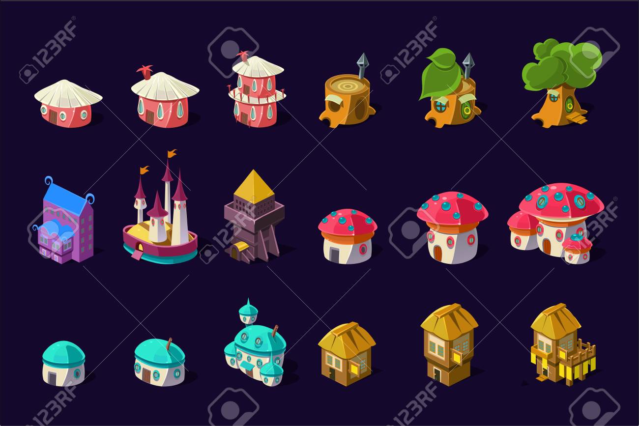 Collection of colorful buildings for online mobile game. Cartoon fairy houses in shapes of trees and mushrooms. Cute princess castle. Gaming resources. Flat vector icons isolated on purple background. - 100129972 Collection of colorful buildings for online mobile game. Cartoon fairy houses in shapes of trees and mushrooms. Cute princess castle. Gaming resources. Flat vector icons isolated on purple background. - 100129972