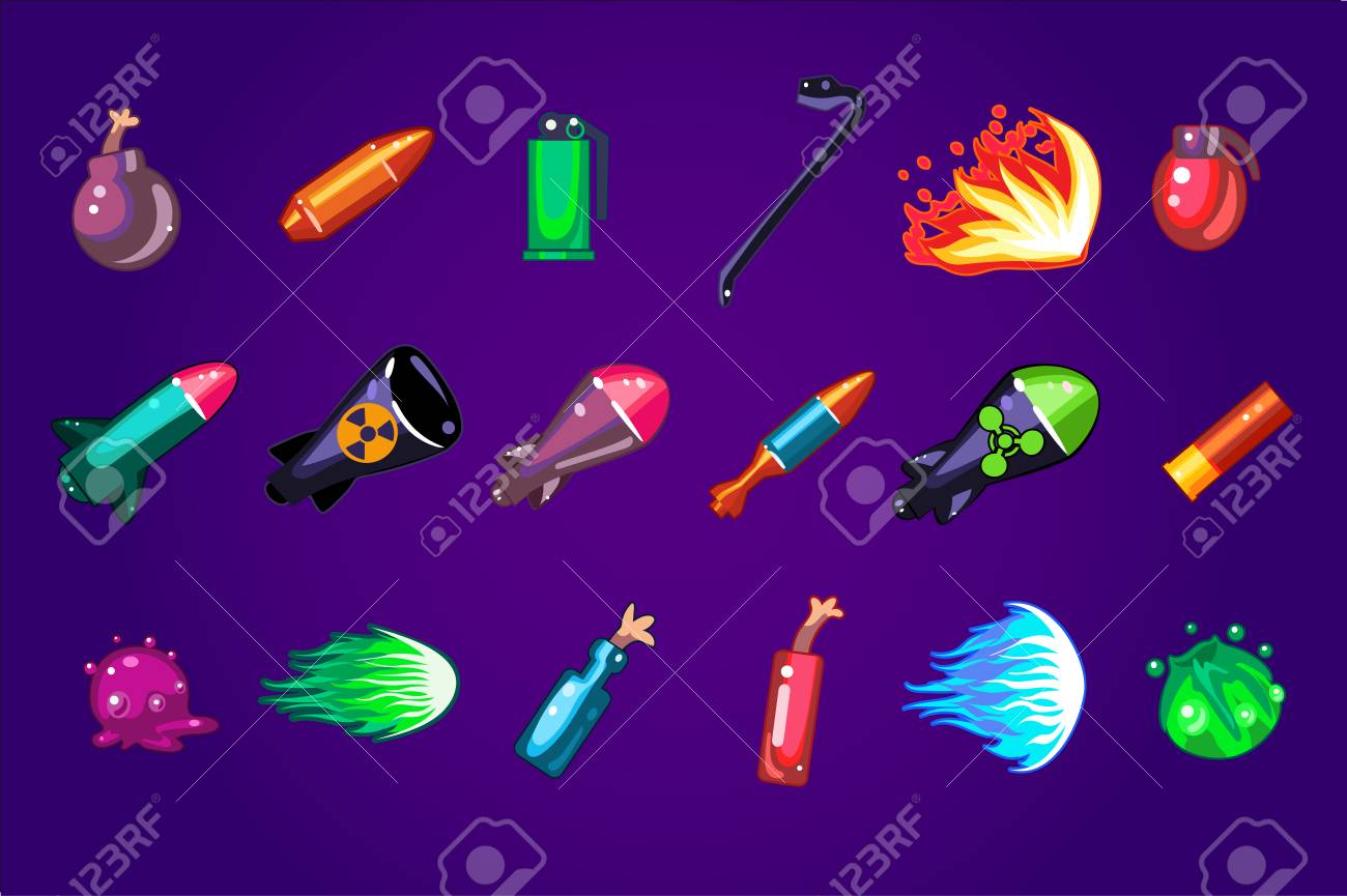 Collection Of Cartoon Assets For Mobile Game Dangerous Explosives Missile Bombs Dynamite Molotov Cocktail Cartridge Bullet Gaming Resources Colorful Vector Icons Isolated On Purple Background Royalty Free Cliparts Vectors And Stock Illustration