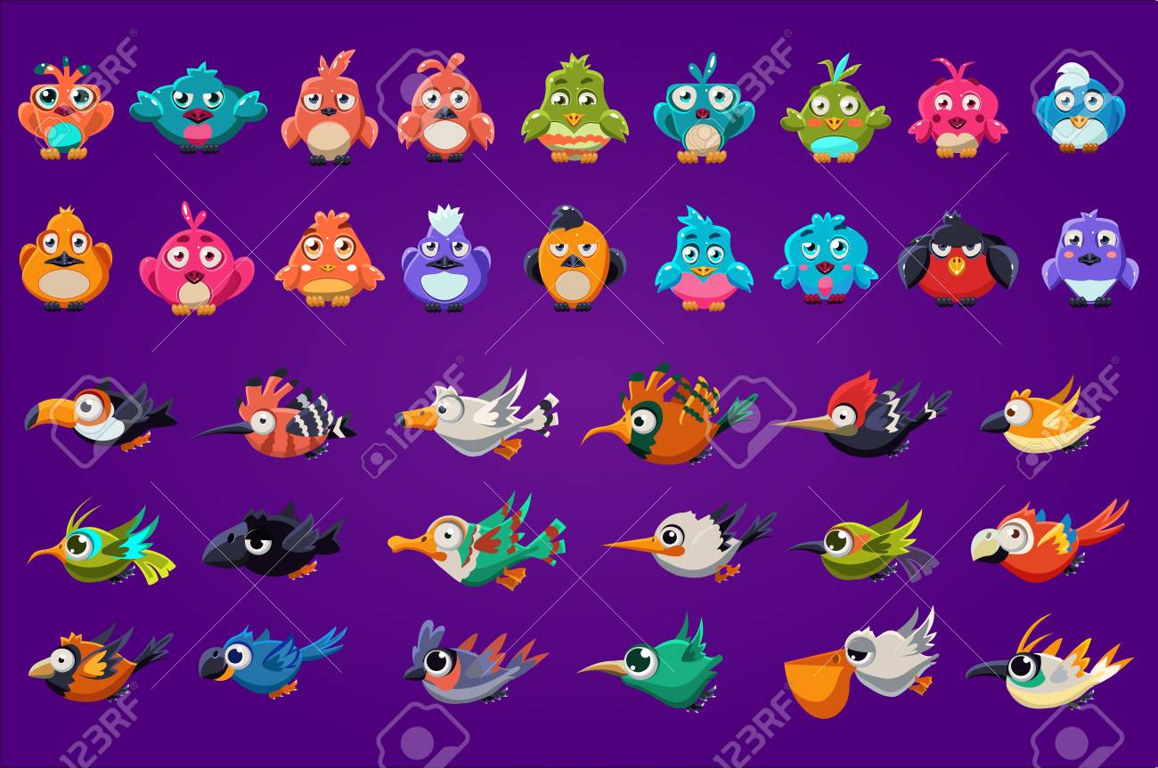 Collection of cartoon birds. Funny creatures with big shiny eyes. Gaming assets. Colorful graphic elements for computer or mobile game interface. Flat vector illustration isolated on purple background - 100131341 Collection of cartoon birds. Funny creatures with big shiny eyes. Gaming assets. Colorful graphic elements for computer or mobile game interface. Flat vector illustration isolated on purple background - 100131341