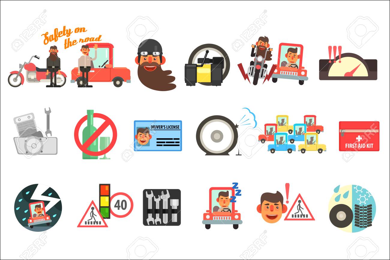 Flat Vector Set Of Cartoon Items Related To Safety On Road