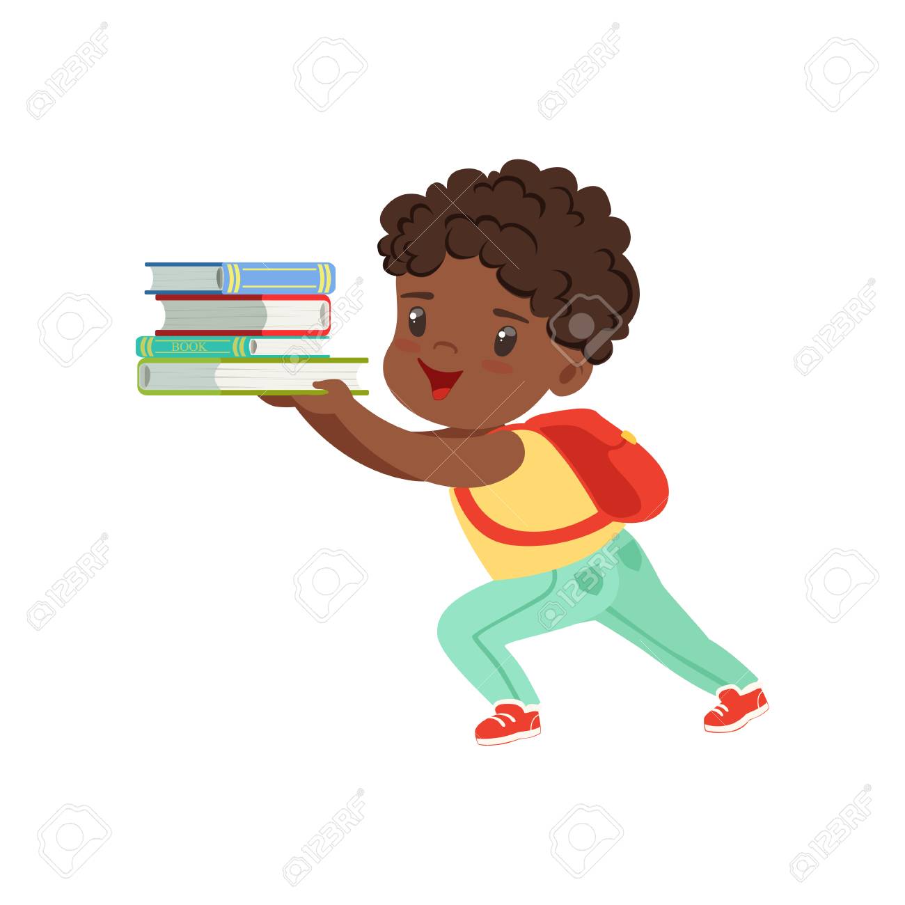 Cute little boy character with backpack holding heavy stack of books vector Illustration on a white background - 102020889 Cute little boy character with backpack holding heavy stack of books vector Illustration on a white background - 102020889