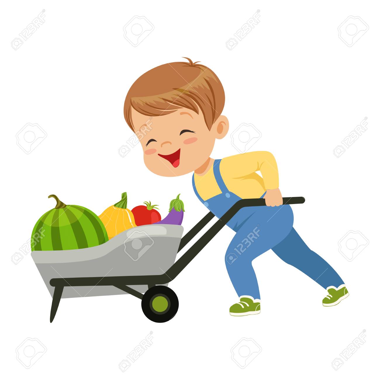 Cute little boy character pushing wheelbarrow full of vegetables vector Illustration on a white background - 102021501 Cute little boy character pushing wheelbarrow full of vegetables vector Illustration on a white background - 102021501