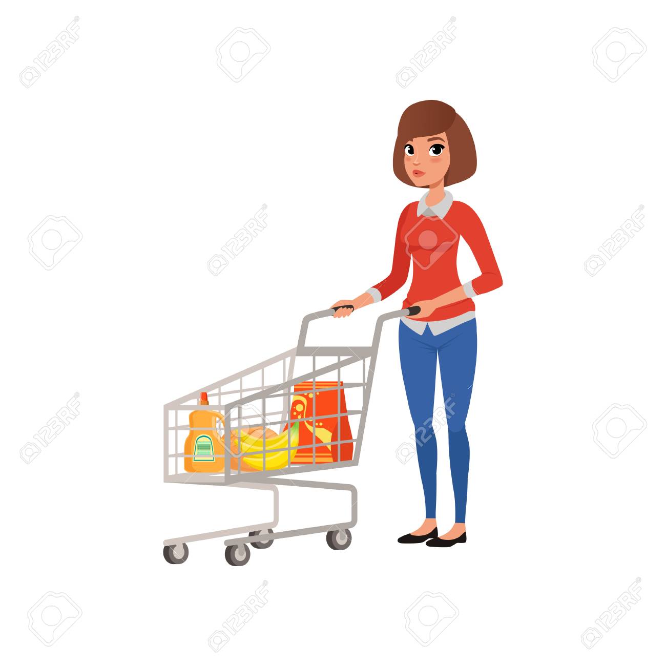 Cartoon Woman Standing Near Supermarket Cart With Products Shopping Royalty Free Cliparts Vectors And Stock Illustration Image 102108458 All woman shopping clip art are png format and transparent background. cartoon woman standing near supermarket cart with products shopping