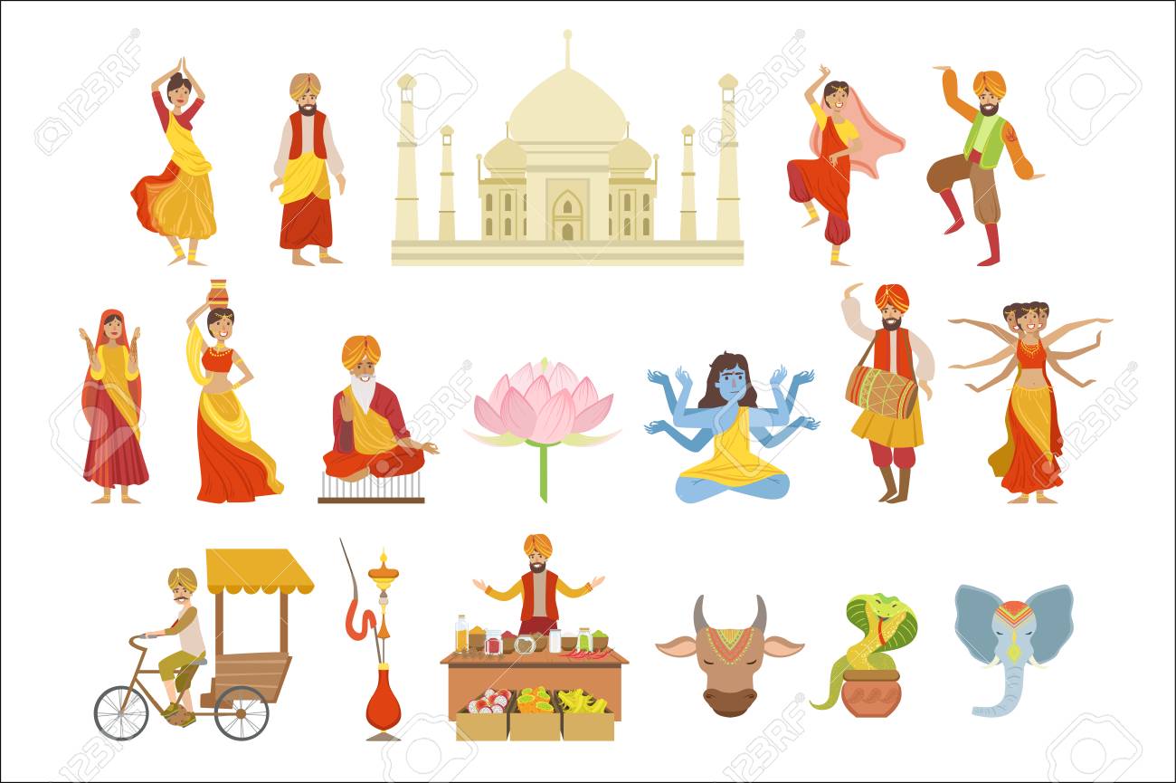 Dancing, Holy Cow And Other Indian Cultural Symbol Drawings - 102851057 Dancing, Holy Cow And Other Indian Cultural Symbol Drawings - 102851057