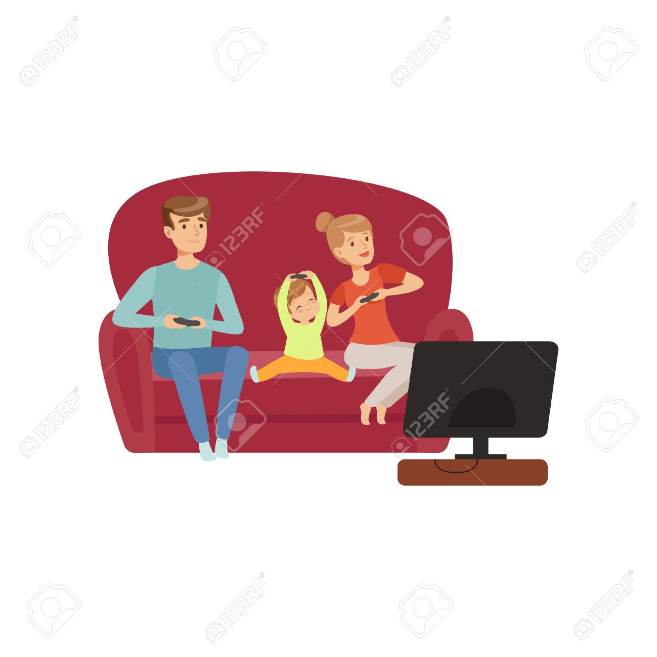 Mom, dad and their little son sitting on the sofa and watching TV, happy family and parenting concept vector Illustration on a white background - 103180833 Mom, dad and their little son sitting on the sofa and watching TV, happy family and parenting concept vector Illustration on a white background - 103180833