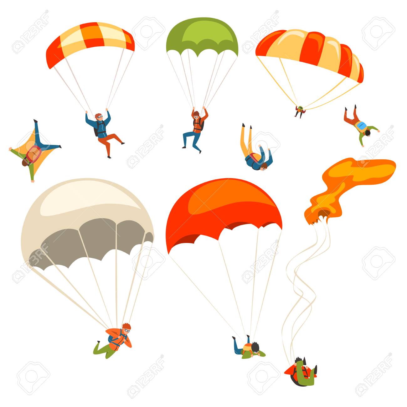 Skydivers flying with parachutes set, extreme parachuting sport and skydiving concept vector Illustrations on a white background - 104333600 Skydivers flying with parachutes set, extreme parachuting sport and skydiving concept vector Illustrations on a white background - 104333600