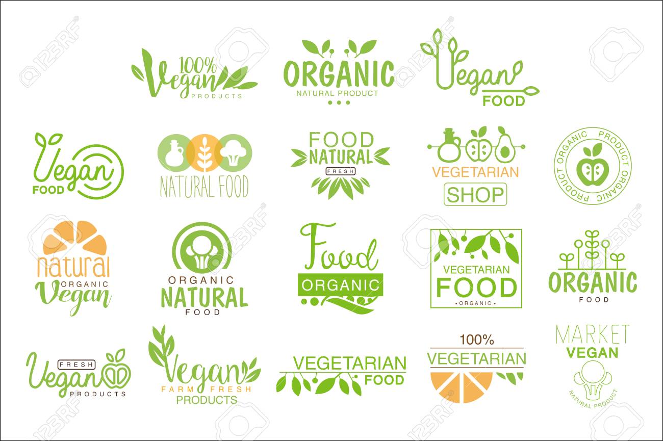 vegan natural food set of template cafe signs in green orange