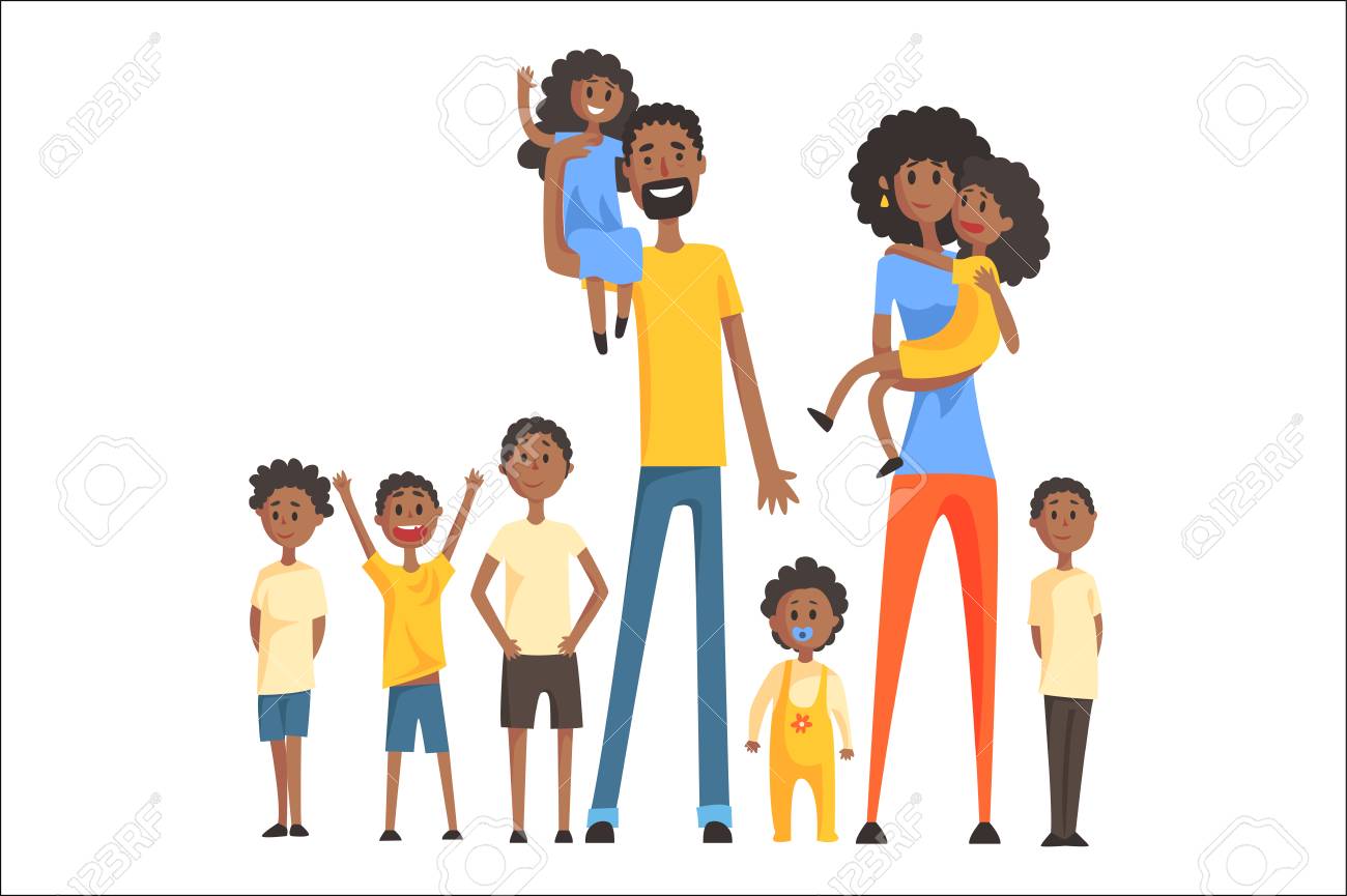 Happy Black Family With Many Children Portrait With All The Kids And Babies  And Smiling Parents Colorful Illustration. Cartoon Loving Family Members  Drawing With Children Of Different Ages, Man And Woman. Royalty, image size:1300x865