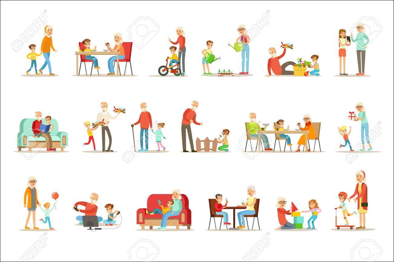 Grandfather And Grandmother Spending Time Playing With Grandchildren, Small Boys And Girls With Their Grandparents Vector Collection. Different Generations Of Family Enjoying Time Together Set Of Illustrations. - 111890004 Grandfather And Grandmother Spending Time Playing With Grandchildren, Small Boys And Girls With Their Grandparents Vector Collection. Different Generations Of Family Enjoying Time Together Set Of Illustrations. - 111890004