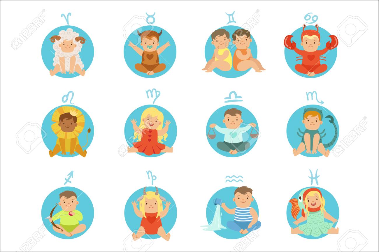 Babies In Twelve Zodiac Signs Costumes Sitting And Smiling Dressed..