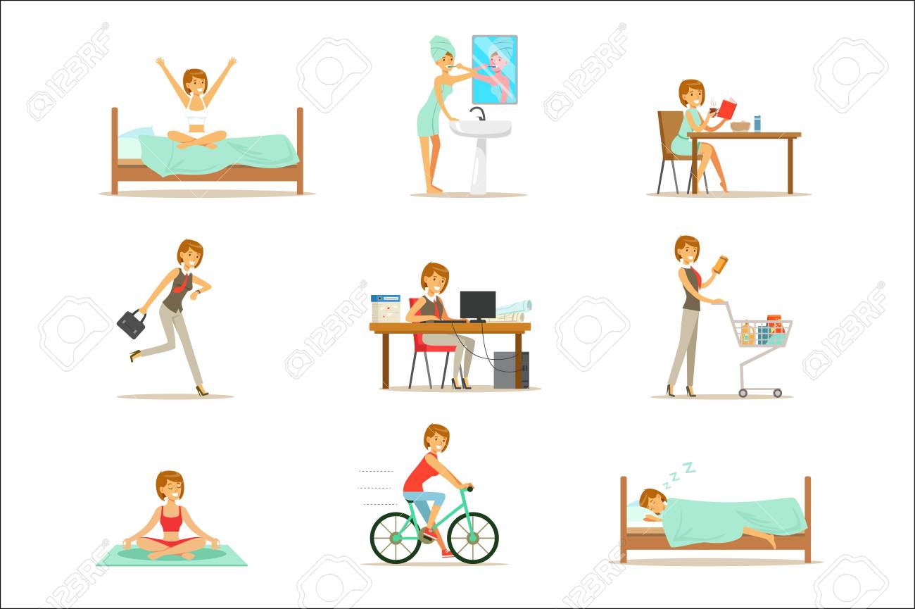 Modern Woman Daily Routine From Morning To Evening Series Of Cartoon Illustrations With Happy Character. Normal Work Day Life Scenes Of Smiling Person From Waking Up To Going To Sleep. - 107025449 Modern Woman Daily Routine From Morning To Evening Series Of Cartoon Illustrations With Happy Character. Normal Work Day Life Scenes Of Smiling Person From Waking Up To Going To Sleep. - 107025449