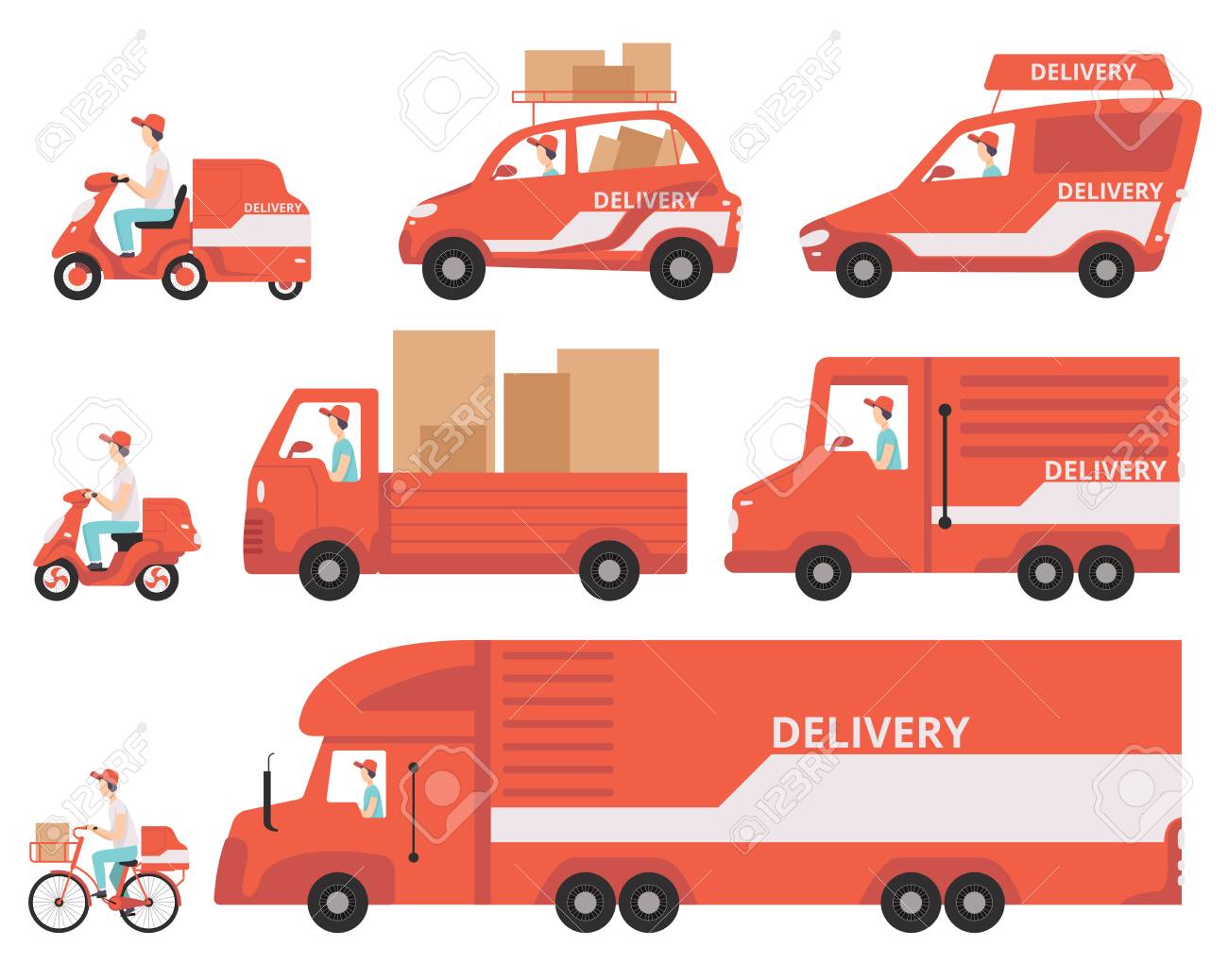 Red delivery vehicles set, express delivery concept vector Illustrations isolated on a white background. - 111535245 Red delivery vehicles set, express delivery concept vector Illustrations isolated on a white background. - 111535245