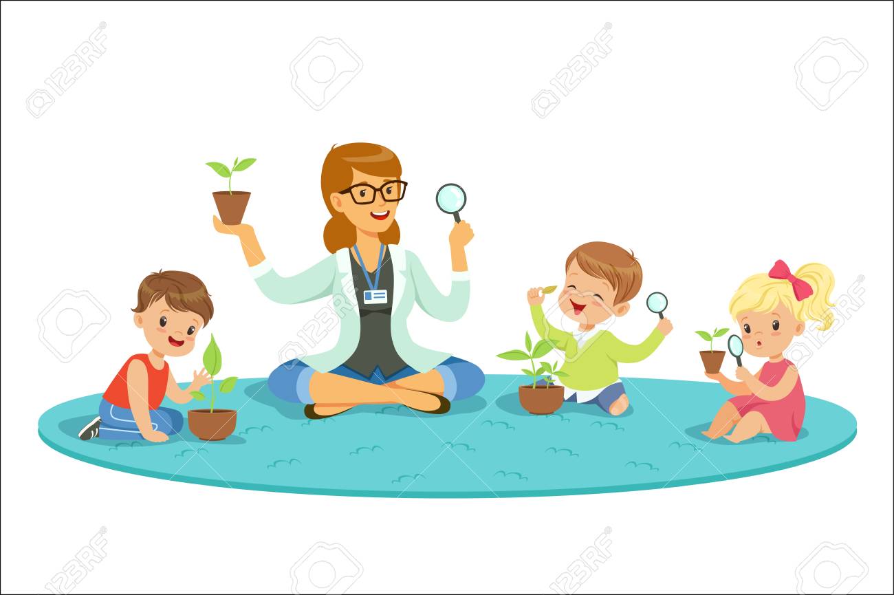 Teacher with kids learning about plants during biology lesson. Preschool environmental education concept. Cartoon detailed colorful Illustrations isolated on white background - 111535322 Teacher with kids learning about plants during biology lesson. Preschool environmental education concept. Cartoon detailed colorful Illustrations isolated on white background - 111535322