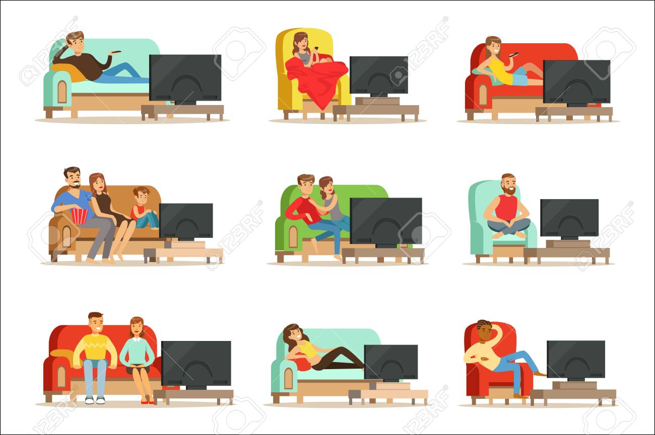 Happy people watching television sitting on the couch at home, colorful Illustrations isolated on white background - 107314834 Happy people watching television sitting on the couch at home, colorful Illustrations isolated on white background - 107314834