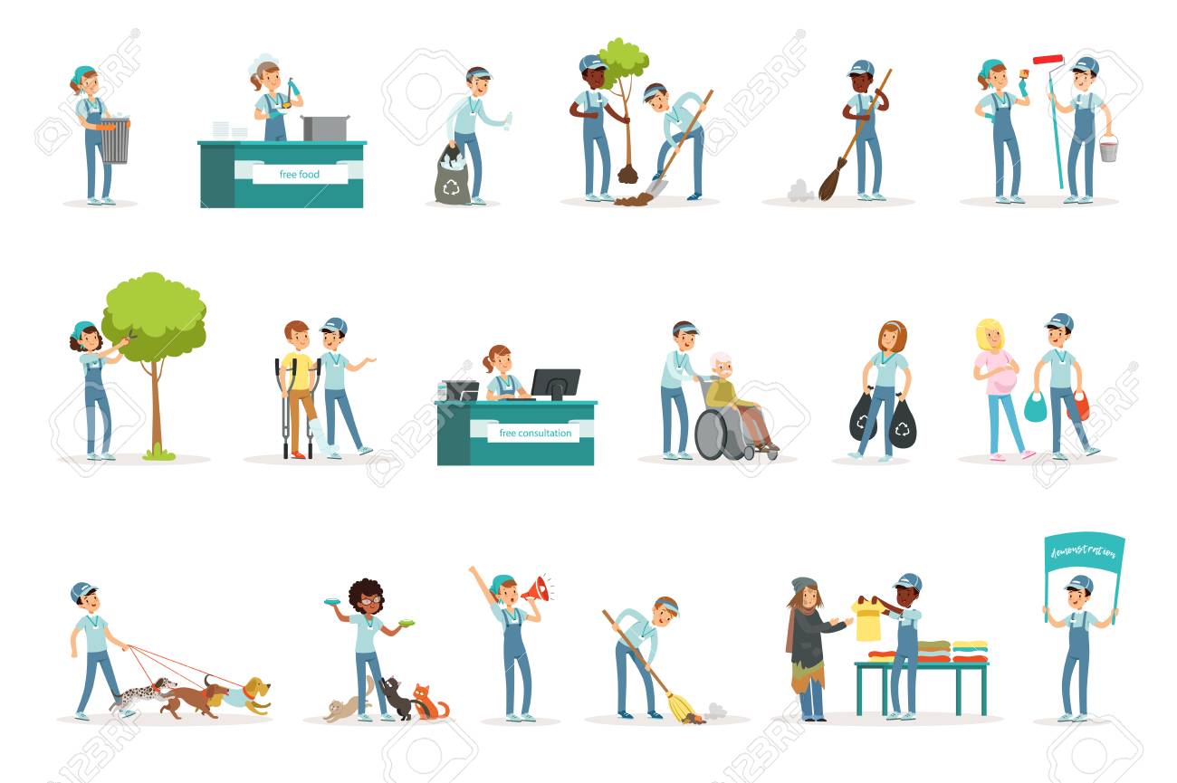 Set Of Young Volunteers Gardening, Cleaning Garbage, Helping Old And  Homeless People. Social Support Activities. Cartoon Character. Vector  Illustration In Flat Style Isolated On White Background. Royalty Free SVG,  Cliparts, Vectors, and, image size:1300x865