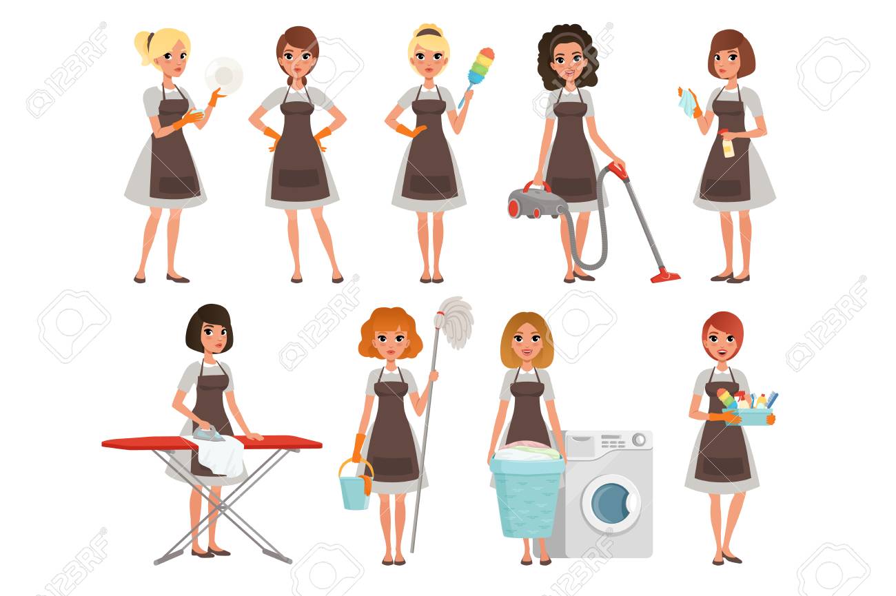 Set of housewives with different equipment. Housekeeper. Cleaning service. Pretty women wearing gray dresses and brown aprons. Cartoon young girls. Flat vector design - 107895813 Set of housewives with different equipment. Housekeeper. Cleaning service. Pretty women wearing gray dresses and brown aprons. Cartoon young girls. Flat vector design - 107895813