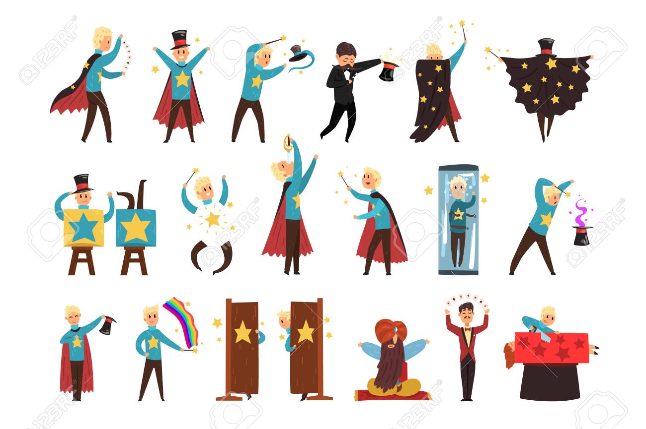 Magician showing tricks and focuses set of vector Illustrations isolated on a white background. - 110240328 Magician showing tricks and focuses set of vector Illustrations isolated on a white background. - 110240328