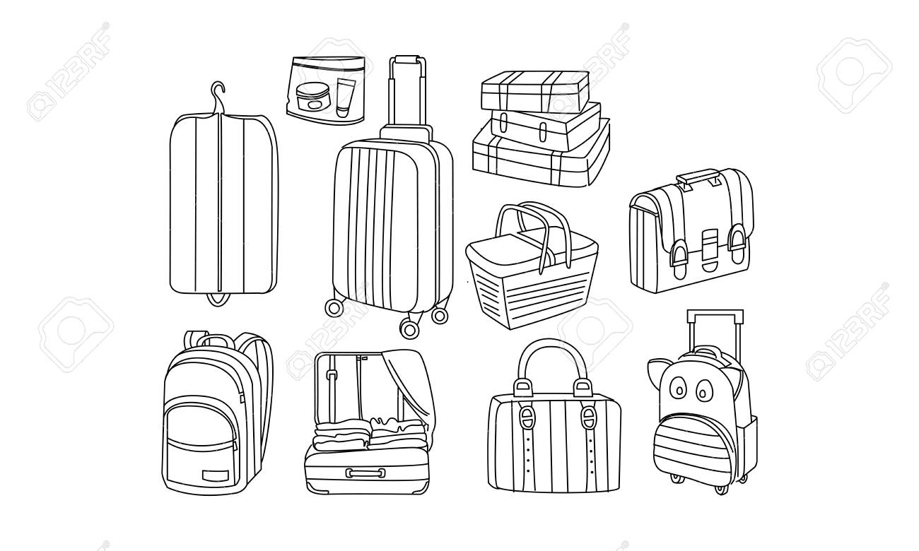 Set of different bags and tourist luggage. Picnic basket, cover for clothes, suitcase, travel backpacks, briefcase. Baggage theme. Hand drawn vector illustrations isolated on white background. - 116242794 Set of different bags and tourist luggage. Picnic basket, cover for clothes, suitcase, travel backpacks, briefcase. Baggage theme. Hand drawn vector illustrations isolated on white background. - 116242794