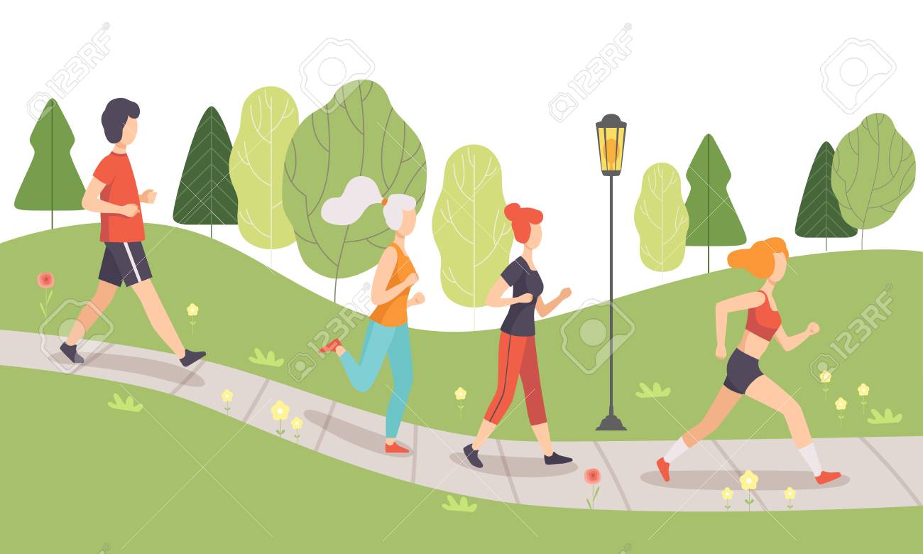 People Running And Jogging In Park, Physical Activities Outdoors, Healthy  Lifestyle And Fitness Vector Illustration In Flat Style Royalty Free SVG,  Cliparts, Vectors, and Stock Illustration. Image 116572432., image size:1300x780